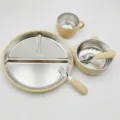 Stainless steel baby suction compartment plate set with bowl cup spoon for kids feeding. - Stainless Steel 5-Piece Set - Boxed / Beige