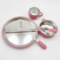 Stainless steel baby divided plate set with silicone bowl cup spoon fork pink toddler tableware - Stainless Steel 5-Piece Set - Boxed / Deep Pink