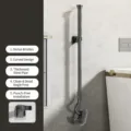 Telescopic toilet brush with stiff bristles and wall-mounted holder for bathroom cleaning. - Extended Telescopic Style / Black