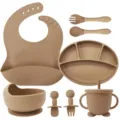 Silicone baby feeding set featuring sectioned plate, bowl, bib, spoon, fork, and cup. - 8-Piece Set / Walnut