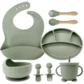 Silicone baby feeding set with divided plate bowl bib spoon fork and sippy cup sage green - 8-Piece Set / Army Green