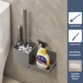 Wall-mounted toilet brush holder set, punch-free bathroom organizer in gun grey. - Gunmetal