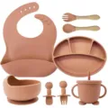 Silicone baby feeding set detail, suction plate, bowl, fork, spoon, cute bib design. - 8-Piece Set / Orange Red
