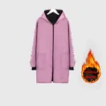 Pink fleece-lined waterproof hooded work coat, long sleeve thickened overcoat size XXL. - 2XL / Pink