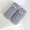 Grey knitted sleeve covers long style with cute pom poms warm arm sleeves for winter office use - Long Pom-Pom Style / Gray