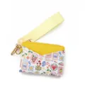 Cute leather card holder wallet with wrist strap and cute print, stylish and compact design. - Fruit Stamp Print / Yellow