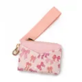 Pink leather card holder with wrist strap, cute bow print, compact bi-fold wallet. - Bowknot Print / Pink