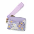 Purple Floral Leather Card Holder Wallet with Wrist Strap and Keychain for Women - Purple Flower Print / Purple