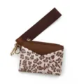 Leopard print leather card holder wallet with wrist strap and keychain for women chic design. - Coffee