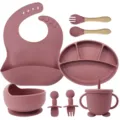 Silicone baby feeding set details, divided plate, suction bowl and cute panda cup. - 8-Piece Set / Deep Pink