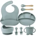 Complete baby silicone tableware set including divided plate bowl bib and fork spoon for kids. - 8-Piece Set / Grey Blue