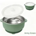 Bol para bebé de acero inoxidable con tapa de silicio y base de ventosa, seguro y duradero. - Verde Militar