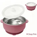 Bol pour bébé en acier inoxydable avec base à ventouse en silicone et couvercle rose. - Rose foncé