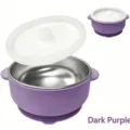 Bol pour bébé en acier inoxydable avec base à ventouse en silicone et couvercle violet foncé. - Violet foncé