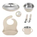 Baby stainless steel silicone tableware set divided plate bowl cup bib spoon fork kids set - Cream White 6-Piece Set