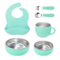Baby feeding set 6-piece silicone and stainless steel bowl spoon fork cup mint green - Mint Green