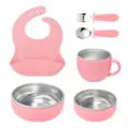 6-piece baby feeding set with stainless steel bowls silicone bib fork spoon cup pink - Pink