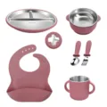 Stainless steel silicone baby feeding set divided plate bowl cup spoon fork pink. - Deep Pink 6-Piece Set