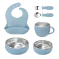 6-piece baby feeding set, 304 stainless steel and food-grade silicone bowl, cup, spoon, fork. - Grey Blue