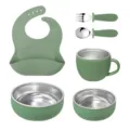 Baby feeding set 6pcs stainless steel silicone bowl spoon fork bib cup sage green - Army Green