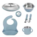 Stainless steel baby feeding set with silicone suction plate bowl cup bib and spoon fork. - Gray Blue 6-Piece Set