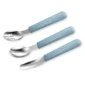 Baby training cutlery set, stainless steel spoon fork knife with blue silicone handle. - Grey Blue