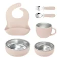 6-Piece Baby Tableware Set Stainless Steel Silicone Bib Fork Spoon Bowl Cup Pink - Off White