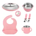 Pink stainless steel baby feeding set with silicone divided plate bowl bib spoon fork cup. - Pink 6-Piece Set