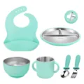 Baby Stainless Steel Feeding Set Silicone Suction Divided Plate Bowl Cup Spoon Fork Set - Mint Green