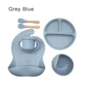Grey Blue baby silicone tableware set, divided plate bowl bib cup and spoon fork. - Grey Blue