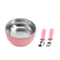 Kids stainless steel bowl and fork spoon set, anti-scald pink baby tableware for daily meal. - Stainless Steel Small Bowl + Digital Fork and Spoon / Pink