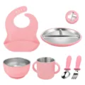 Pink baby stainless steel silicone tableware set with suction divided plate bowl cup fork spoon - Pink