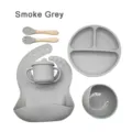 Smoke grey silicone baby feeding set with divided plate bowl cup bib spoon fork baby tableware - Smoke