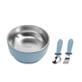 Baby stainless steel bowl set with spoon and fork, anti-scald blue silicone handle design. - Stainless Steel Small Bowl + Digital Fork and Spoon / Grey Blue
