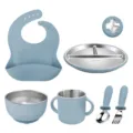 Stainless steel baby feeding set with silicone suction divided plate, bowl, cup, spoon, fork, bib. - Grey Blue