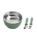 Baby stainless steel bowl fork spoon set with green silicone anti-scald handle feeding. - Stainless Steel Small Bowl + Digital Fork and Spoon / Army Green
