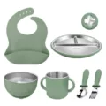 Baby silicone stainless steel tableware set with suction divided plate, bowl, cup, bib, spoon. - Army Green