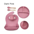 Silicone baby tableware set with divided plate bowl cup bib and wooden handle fork spoon dark pink - Deep Pink