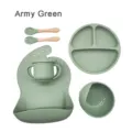 Army Green baby silicone tableware set, divided plate, bowl, cup, bib, spoon and fork kids set - Army Green