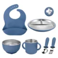 Baby silicone stainless steel tableware set with suction divided plate, bowl, cup and bib. - Dark Blue
