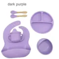 Baby silicone tableware set divided dinner plate bowl cup bib spoon fork dark purple - Deep purple
