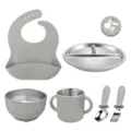Baby stainless steel silicone feeding set divided plate bowl cup bib spoon fork grey - Smoke