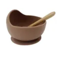 Baby silicone suction bowl and wooden handle spoon set, anti-slip training tableware for infant feeding. - Walnut