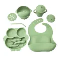 Green silicone baby feeding set owl plate bowl cup bib spoon fork variant design food grade - Army Green