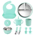 Mint green baby tableware set including stainless steel divided plate, bowl, bib and cups. - Mint Green