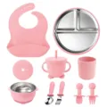 Pink baby tableware set including stainless steel plate, bowl, silicone bib, cup and spoons. - Pink