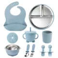 Silicone stainless steel baby feeding set 10pcs toddler tableware with cute bear design blue - Grey Blue