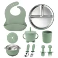 Kids silicone stainless steel tableware set, green baby weaning set with bib bowl cup. - Army Green