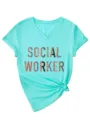 Turquoise kleurig V-hals korte mouw t-shirt met social worker grafische print detail. - S / Tops / Diep Waterblauw