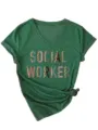 Dames casual V-hals korte mouw T-shirt met social worker luipaard printontwerp top. - S / Top (3812) / Vintage Groen